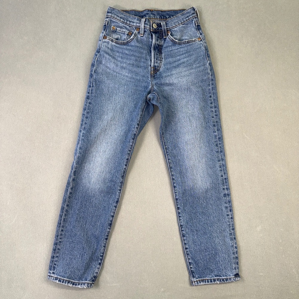 Levis 501 Original Cropped High Rise Straight Leg Blue Jeans W24 L26